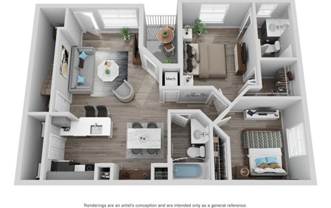 Floor plan for 2 beds, 2 baths, 974 sqft